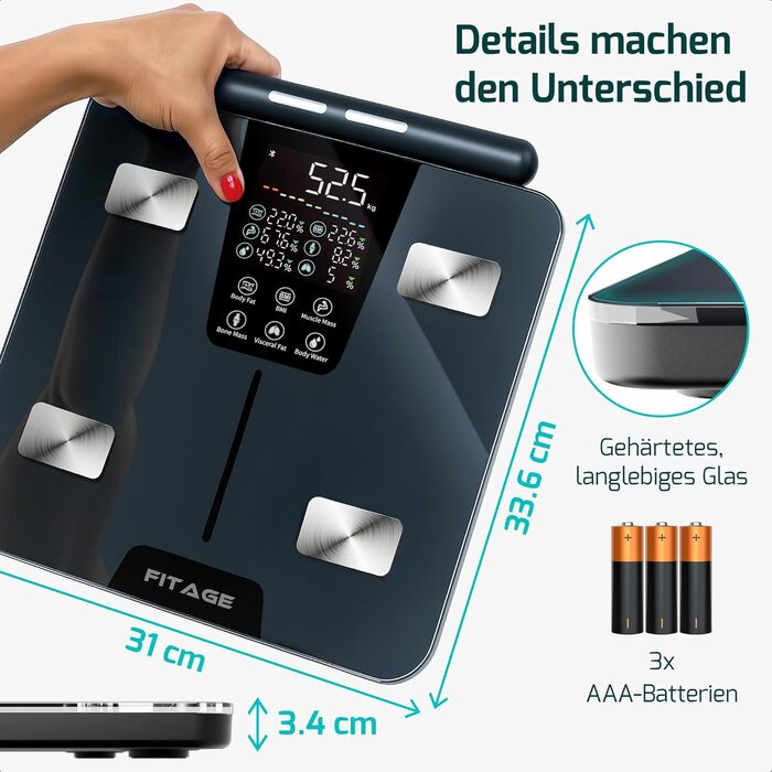 Цифрова вага-аналізатор тіла Testsieger 2025, вага до 225 кг, вимірювання жиру та м'язової маси (17 показників), аналіз тіла через додаток, великий LED-дисплей, білий колір (з ручкою)