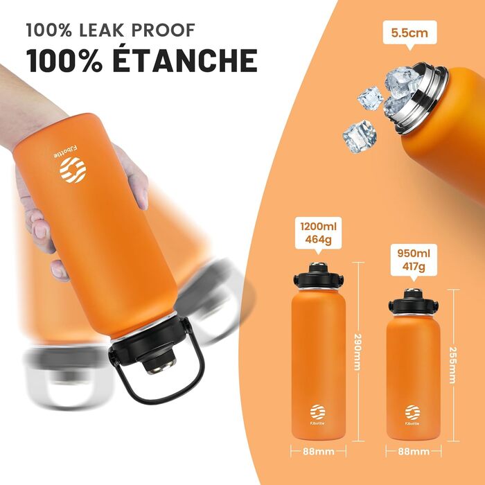 Fjbottle пляшка для води з нержавіючої сталі зі соломинкою 950/1200 мл, 2 кришки, BPA Free, герметична термофляга для спорту, велосипеда, школи, газованої води, фітнесу