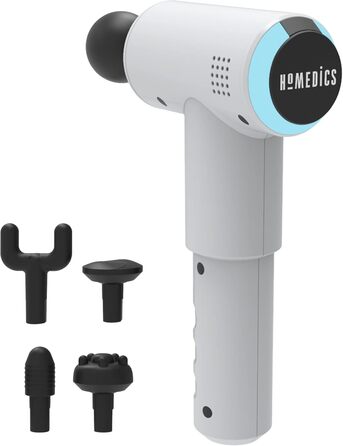 HoMedics Міні масажний пістолет для тіла, бездротовий, 5 насадок, білий — професійний портативний масажер для м'язів, фізіотерапія, акумуляторний