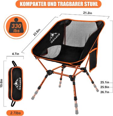 Складний туристичний стілець IEEILULU, 130 кг, для кемпінгу, пікніків, риболовлі, відпочинку на природі та подорожей. Оранжевий колір