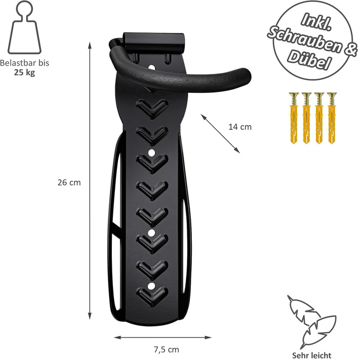 Кріплення для велосипеда на стіну WELLGRO - сталевий тримач, гачок, стійка для велосипеда - колір на вибір, чорний