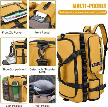 Спортивна сумка для подорожей 65Л з відділенням для взуття та вологих речей, велика сумка для залу, плавання та поїздок (Жовта)