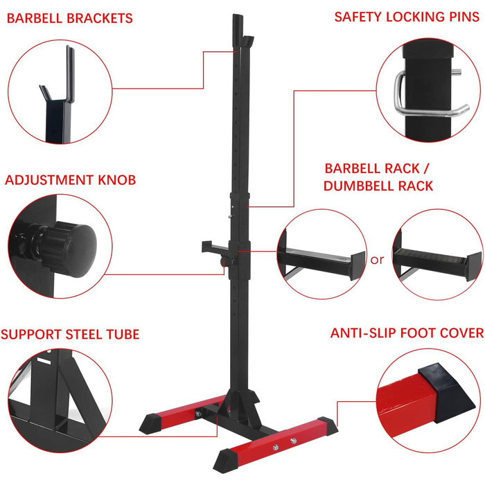 Стійка для штанги ISE Squat-Rack, 6 рівнів регулювання, 2 окремі стійки, сталева, до 200 кг, сертифікована EN 957