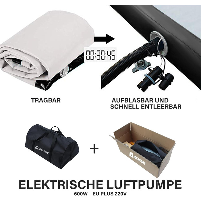 AKSPORT Килимок для гімнастики та акробатики Air Matte, 3/4/5/6м, 10/20см, з насосом, для дому/залу/тренувань, м'ятно-зелений (300x100x10см, Чорний)