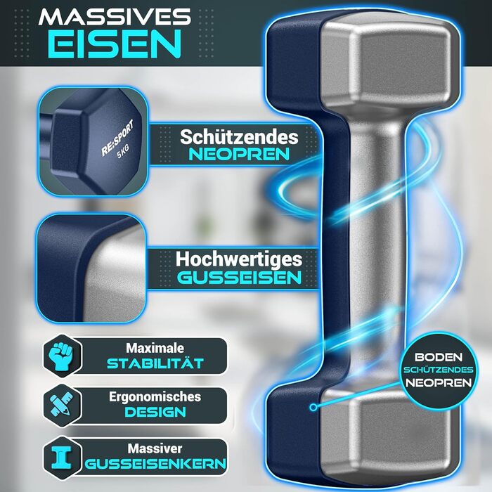 Набір гантелей RE:SPORT® 18 кг з підставкою та фітнес-гумками | 3 пари гантелей (1-5 кг) | Нековзкі гантелі з неопрену для жінок та чоловіків | Кольори: блакитний, сірий, темно-синій