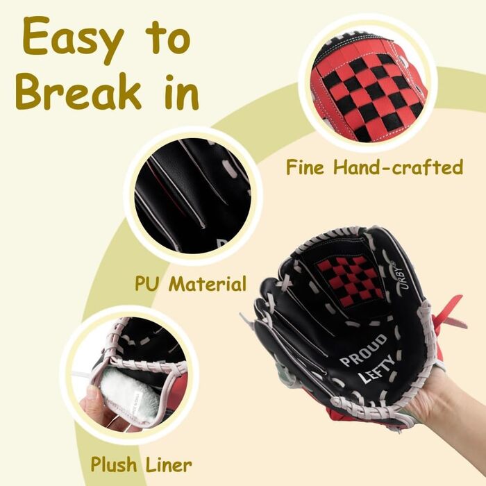 Рукавичка для бейсболу Urby для лівшів, дитяча, для T-ball (чорно-червона, розмір 11.5 дюймів, 7-11 років)