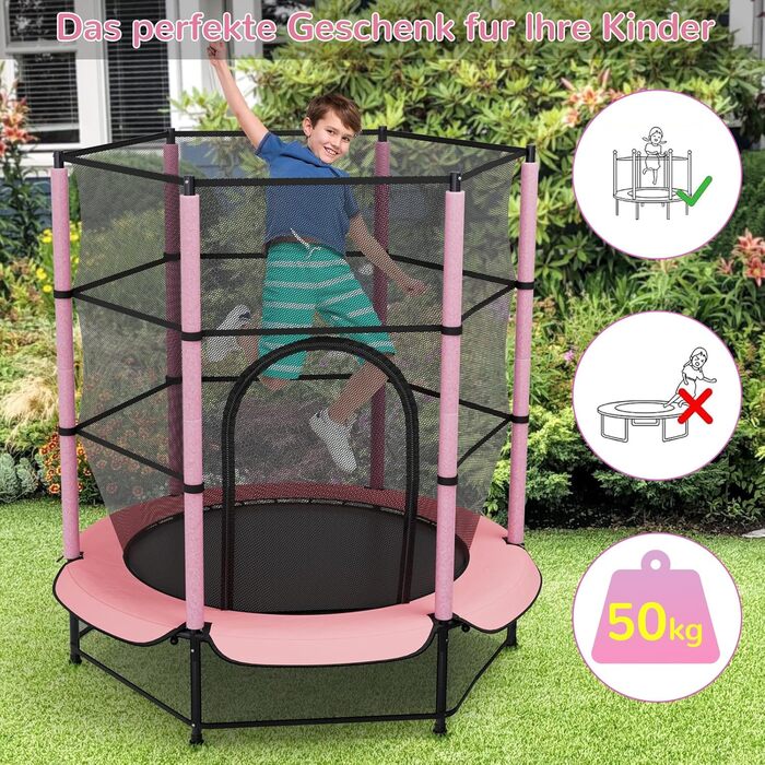 Трамплін для дітей LIFERUN Ø140см з сіткою безпеки, для ігор та тренувань, до 50 кг, рожевий