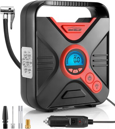 Автокомпресор WindGallop 12V з манометром і LED, для шин авто, велосипедів, м'ячів, басейнів, адаптери, червоний
