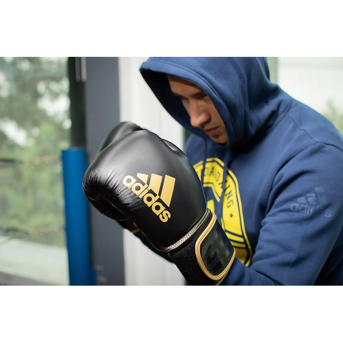 Боксерські рукавички adidas Hybrid 80 для боксу, кікбоксингу, MMA, тренувань, 6 унцій, чорні/сині, унісекс