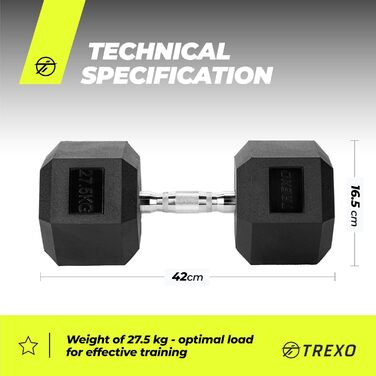 Гантель TREXO Hex 27,5 кг, гексагональна, гумова, чавун, для силових тренувань, ергономічна ручка, універсальна, домашній спортзал