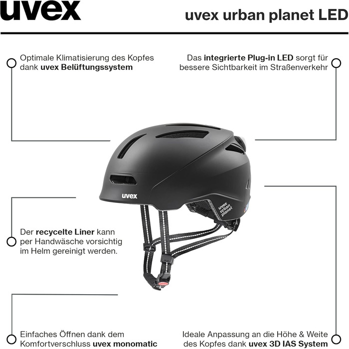 Велосипедний шолом uvex Urban Planet LED, чорний матовий, для жінок і чоловіків, 58-61 см, екологічний
