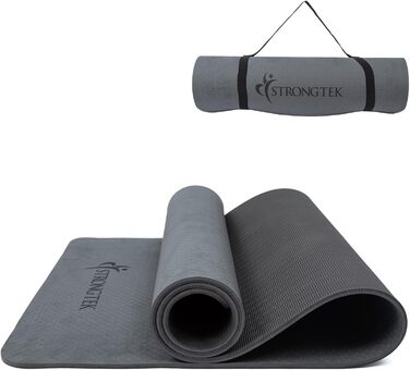 Килимок для йоги StrongTek TPE 183x61x0,6 см, нековзкий, легкий, з ременем для перенесення, для йоги, пілатесу та фітнесу, чорний/сірий