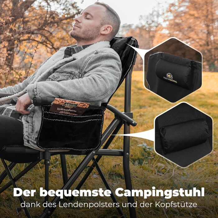 Зручний складаний стілець для кемпінгу та риболовлі, 160 кг, з подушкою та кишенею для напоїв (Чорний)