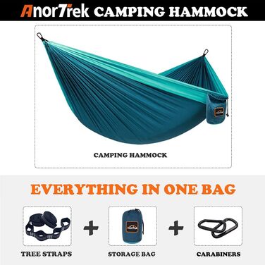 Гамак для кемпінгу AnorTrek, легкий та портативний, з двома петлями для дерев, нейлон, 280 x 140 см, блакитний/темно-блакитний