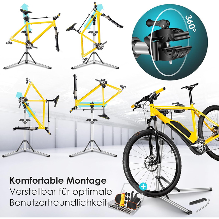 Підставка для збирання велосипедів KESSER® Profi Alu: міцна, 360° обертання, для гірських, електровелосипедів та ремонту. У комплекті сумка, ремкомплект та магнітна підставка для інструментів.