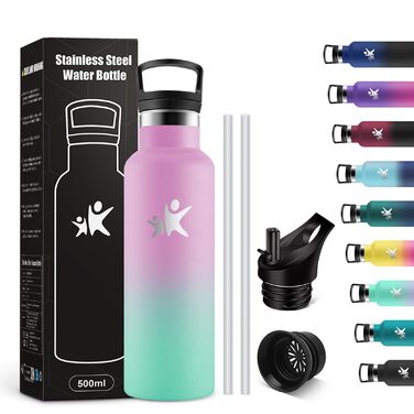 Дитяча термофляга KollyKolla 500 мл з трубочкою, з нержавіючої сталі, без BPA, з подвійними стінками, для кемпінгу, велосипеда, фітнесу, з содовою, рожевий & макаронний зелений