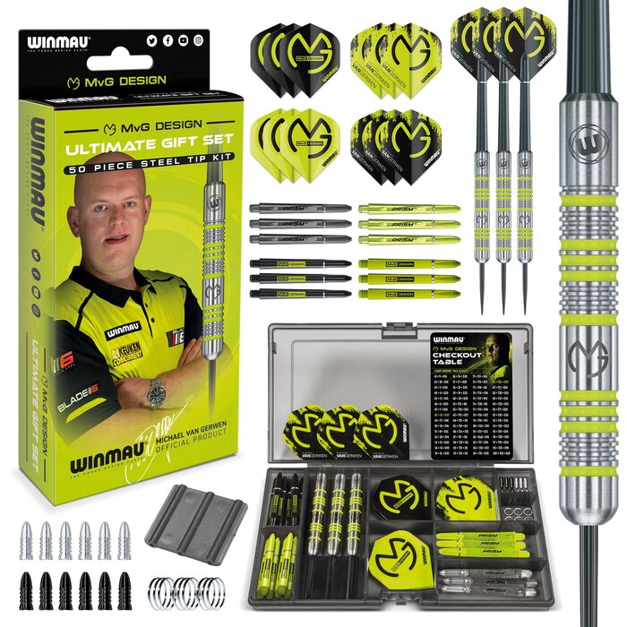 Набір дротиків професійний Winmau Michael Van Gerwen MvG 50-частин, 18/20г, м'які/металеві наконечники, з аксесуарами
