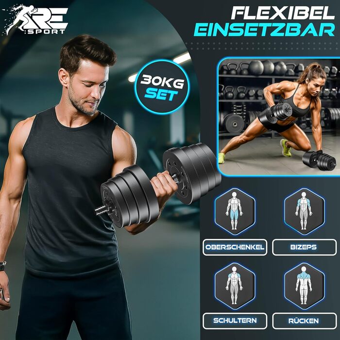 Набір гантелей RE:SPORT 30 кг, регульовані, 2 шт. | Гантелі для фітнесу, силових тренувань та дому | З 4 фіксаторами
