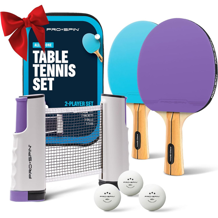Набір для настільного тенісу PRO-SPIN - з сіткою, м'ячами, сумкою | Для гри 2 гравців | Преміум якість | Фіолетовий/Блакитний