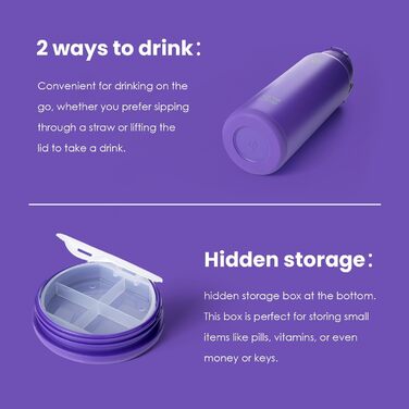 Спортивна пляшка BOTTLE BOTTLE, 1,2 л, нержавіюча сталь, ізольована, з трубочкою та контейнером для пігулок, темно-фіолетова