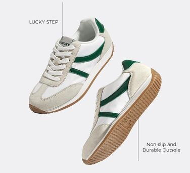 Жіночі ретро-кросівки LUCKY STEP - біло-зелені, 41 EU. Зручні повсякденні кросівки з протиковзкою підошвою та дихаючою підкладкою для міста