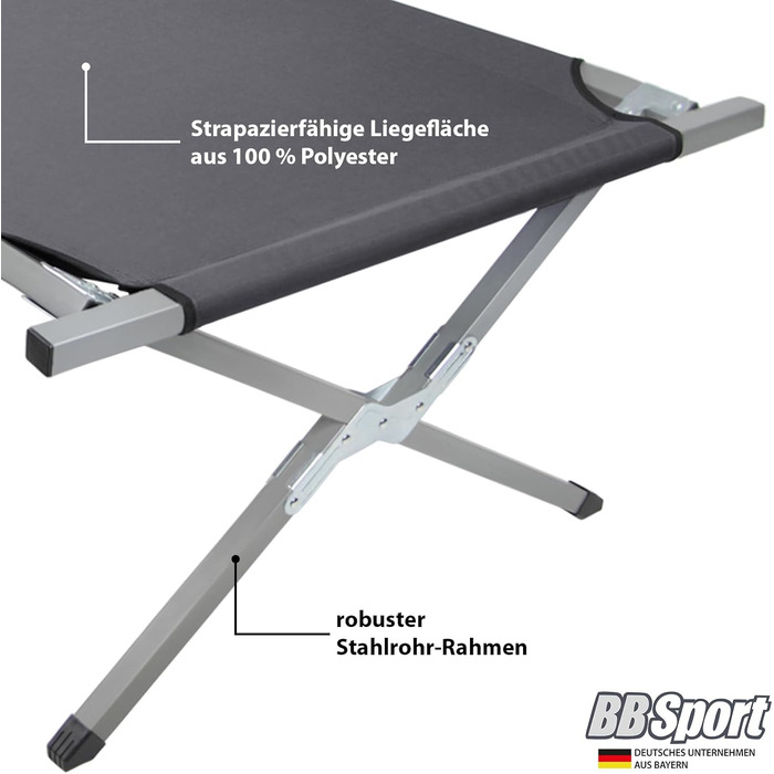 BB Sport Розкладне ліжко-крісло для кемпінгу 190x64x41 см. Стабільне, міцне, на 180 кг, зручне для подорожей. Зручна сумка для перенесення. Сірий колір.