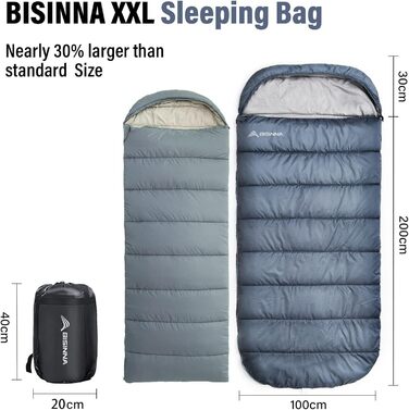 Спальний мішок BISINNA XXL для великих дорослих, 3-4 сезони, зимовий, теплий, для кемпінгу, сірий, 1.5 кг, блискавка справа