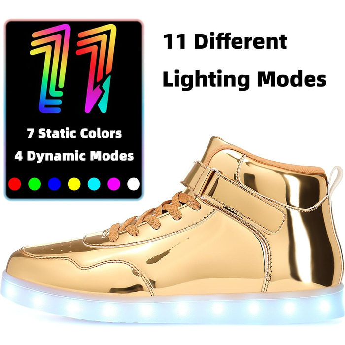 APTESOL LED кросівки високі, світлодіодні, зарядка USB, золото, для жінок та чоловіків, 42 EU