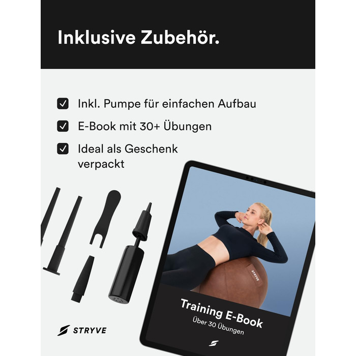 STRYVE Фітбол для офісу 65-70 см - ергономічний фітнес-м'яч знімний чохол, захист від скочування, повітряний насос, до 150 кг, синій штучна шкіра