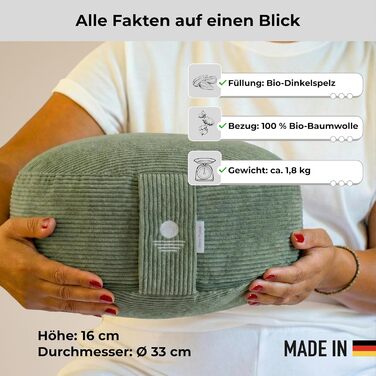 Йога подушка Inner Peace Round Cord 33 x 16 см XL для медитації | З био-бавовни та дінкової вати | Зроблено в Німеччині (світло-зелений)