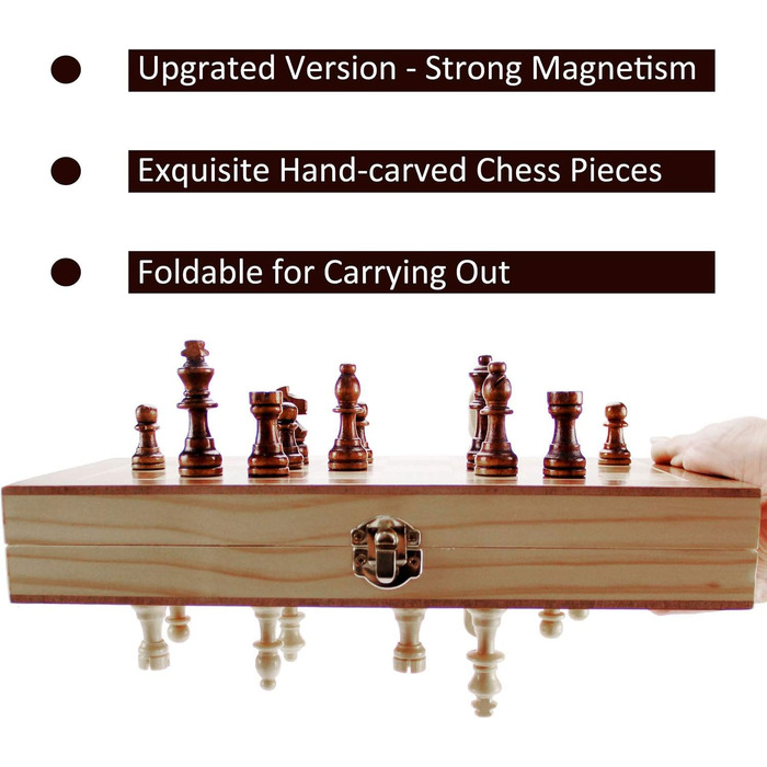 ASNEY Шахи магнітні дерев'яні, 12'x12', з розкладним полем, кейс та фігури для короля та королеви
