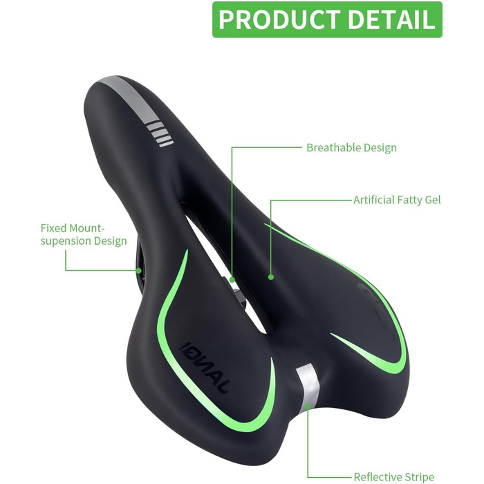 Велосипедне сідло MSDADA Gel MTB: комфортне, ергономічне, водонепроникне для гірського велосипеда, BMX, шосе, міського велосипеда (чорний/зелений)