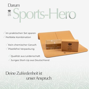 Набір для йоги SPORTS-HERO: коркова йога-мат та блок, нековзкі, натуральний корок, екологічні, для йоги та пілатесу