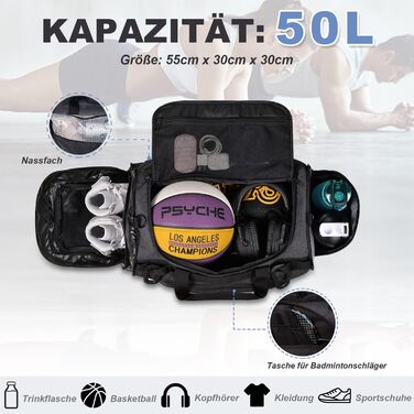Спортивна сумка BERTASCHE 50 л з відділенням для взуття та вологих речей, рюкзак для тренувань, фітнесу, басейну, сауни, подорожей, для чоловіків і жінок