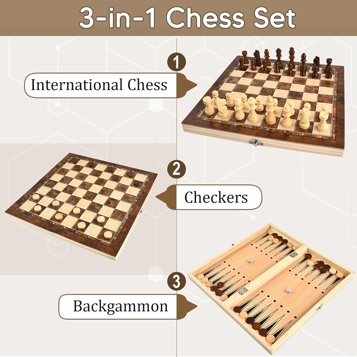 Шаховий набір дерев'яний 3 в 1 з шахами, шашками та настільною грою, преміум-якість, складаний, для дітей та дорослих, для гри вдома та в подорожах (29см)