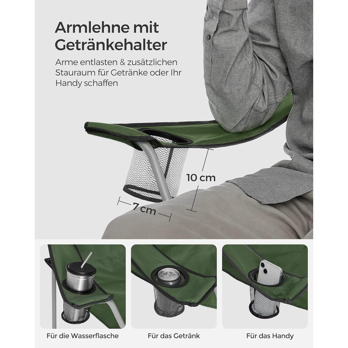 SONGMICS Крісла для кемпінгу, складні, для відпочинку на природі, зручні, з підлокітниками та тримачем для напоїв, стабільний каркас, вантажопідйомність 120 кг, 2 шт (Оливковий)