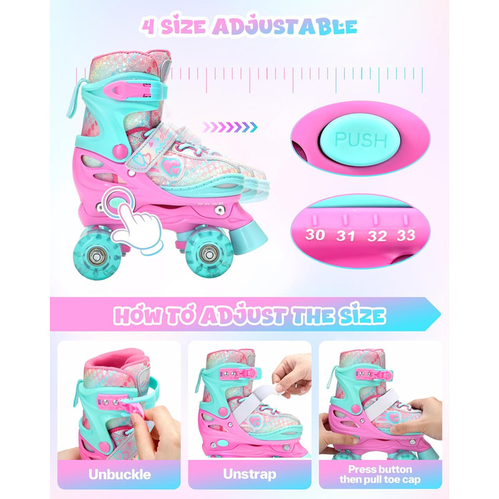 Дитячі ролики Sportneer з захистом, 8 світлових коліс, регульовані, для дівчаток, XS (26-29 EU), для дому та вулиці
