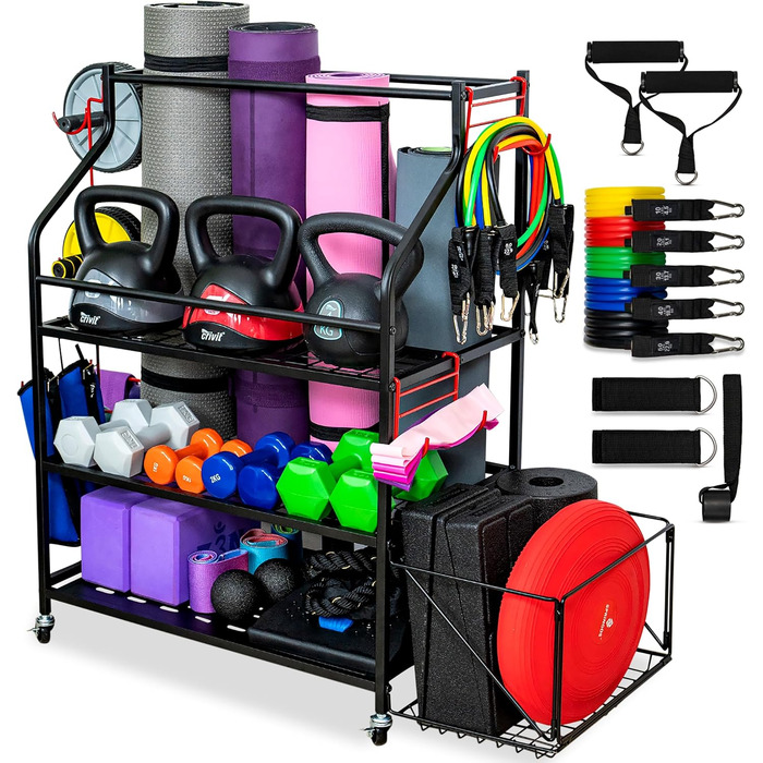 Стеляжка для домашнього спортзалу з органайзером для килимків, аксесуарів та набором еластичних стрічок 68 кг