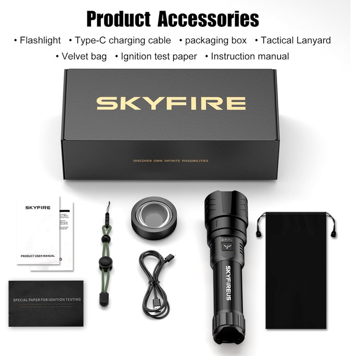 Ліхтарик LED SKYFIRE 5000 люмен, акумуляторний, з функцією Power Bank та кресалом для кемпінгу та надзвичайних ситуацій