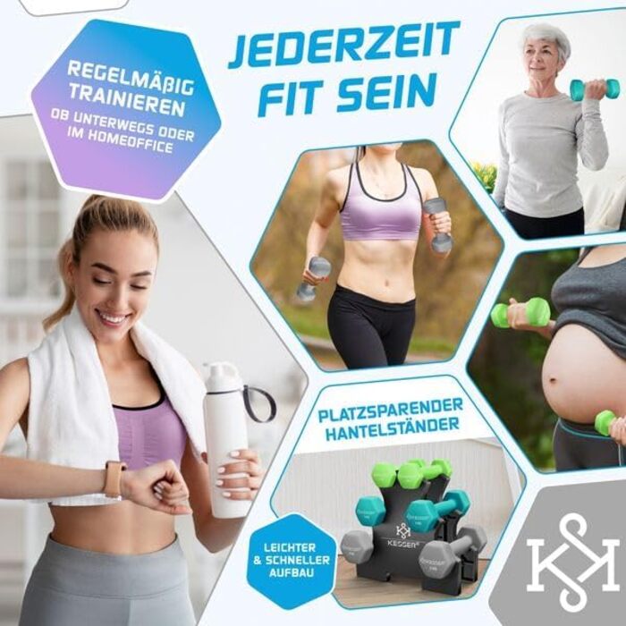 Набір неопренових гантелей KESSER (3 пари: 1кг, 3кг, 5кг), 18 кг, з підставкою для зберігання, для фітнесу та силових тренувань, кольори: світло-зелений, петроль, сірий