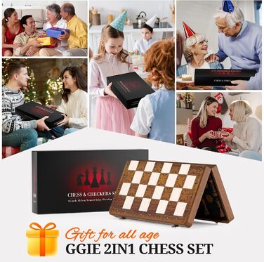 Шахи магнітні 2в1 - 39x39 см, складане шахове поле з дерева, преміум-якість, 32 фігури + 2 дами, для дорослих та дітей