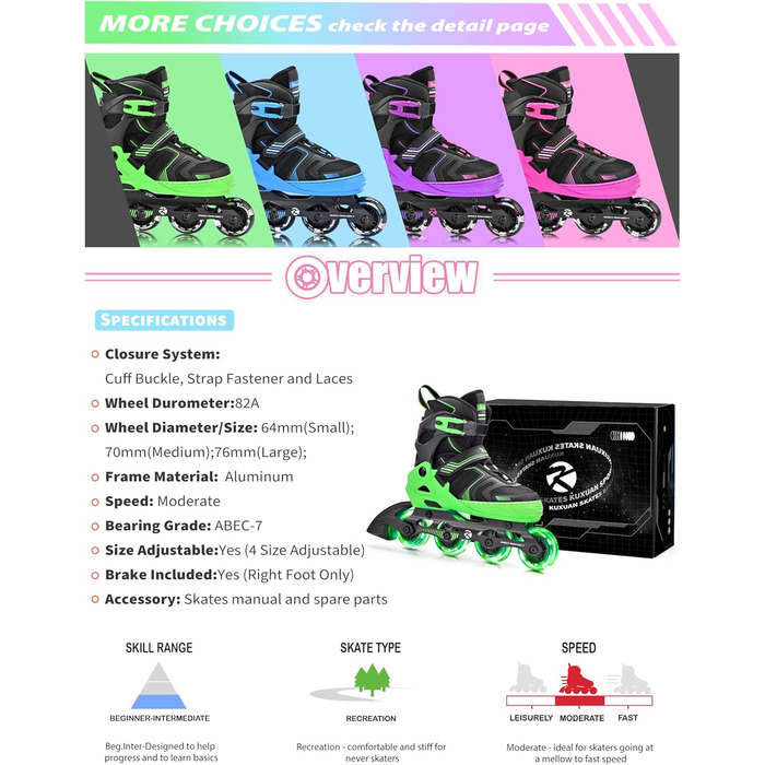 Роликові ковзани Kuxuan для дітей та підлітків, регульовані, зі світлодіодами, розмір Large (EU 37.5-41)