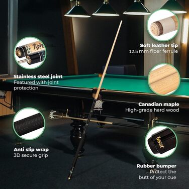 Billard Queue від IgnatGames: професійний бик з канадського клена (18/19/20/21 oz), з чохлом, інструментом для наконечників, рукавичкою та крейдою (590 мл, зелений)