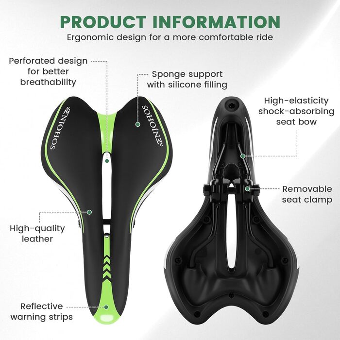 Велосипедне сідло ENJOHOS для чоловіків та жінок: комфортне, водонепроникне, з PU покриттям та ключем. Підходить для MTB, трекінгу, туризму та шосе. Зелений колір.
