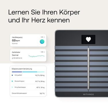 Розумні ваги Withings Body Cardio Wi-Fi, чорні – аналіз складу тіла, серцевий ритм, судинний вік, ІМТ, м'язова маса, жир, вода