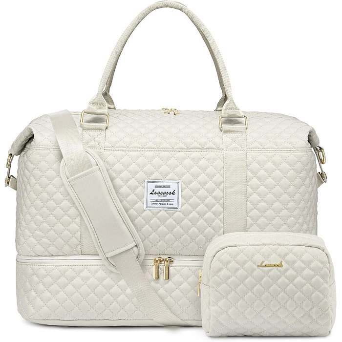 Спортивна сумка LOVEVOOK для жінок: велика дорожня сумка-мішок з косметичкою, відділенням для взуття та мокрих речей. Ідеальна для подорожей, клініки, пологів, вихідних. Водостійка сумка ручної поклажі для літака. 2 шт. Бежевий колір.