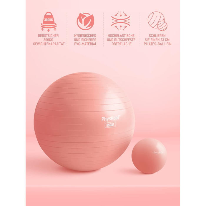 Пілатес-м'яч 23 см, фітнес-м'яч для дому, офісу та спортзалу, баланс-бол, йога-м'яч, анти-burst, анти-ковзання, рожевий, розмір M (58-65 см)