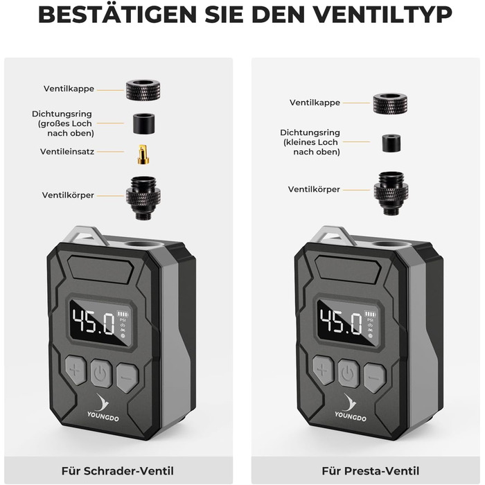 Електричний міні-насос для велосипеда YOUNGDO 150PSI, портативний компресор із акумулятором 500 мА·год, цифровий манометр, підходить для Presta та Schrader клапанів
