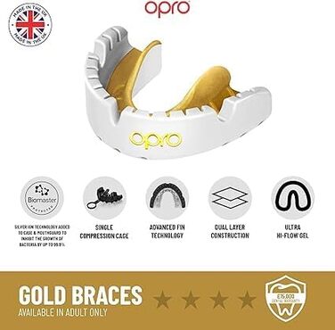 Захисна капа OPRO Gold для брекетів та спорту, для дорослих, з інноваційною технологією підгонки, для боксу, лакросу, ММА, єдиноборств, хокею та всіх контактних видів спорту, біло-золота