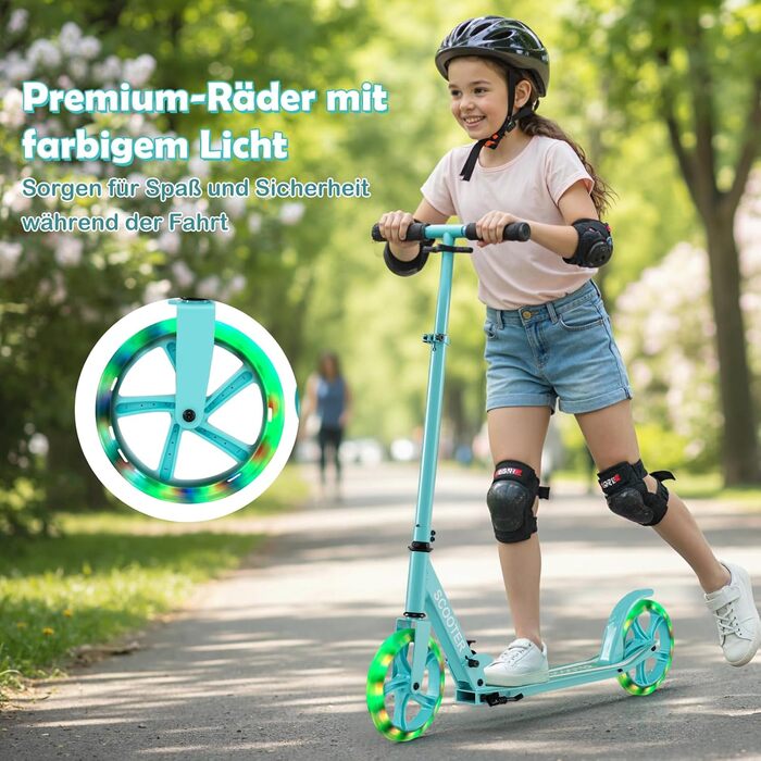 Дитячий трюковий самокат GOPLUS Roller Kinder 10 років, 3-ступенева регулювання висоти, легкий алюмінієвий, складаний, з LED-колесами, гальмом на задньому колесі, ременем та підставкою, до 100 кг, зелений